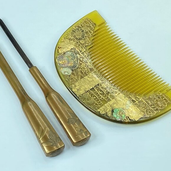 Antique Kyoto Japanese Celluloid Comb & Kanzashi Hair Ornament GS621